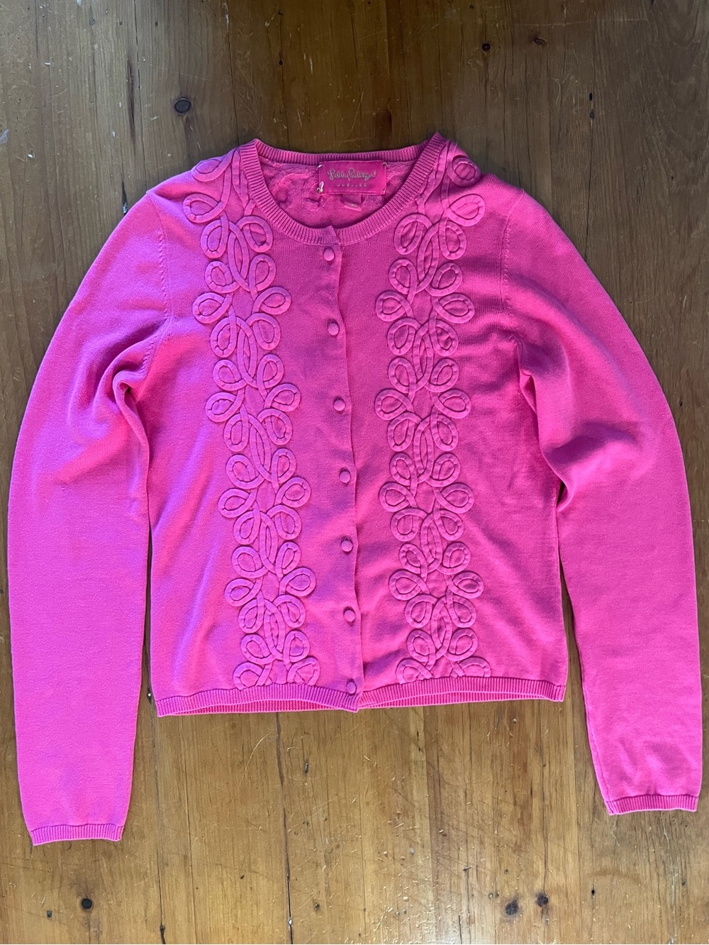 Lilly Pulitzer “Jubilee” Hot Pink Floral Cotton Covered Buttons Soutache Sweater